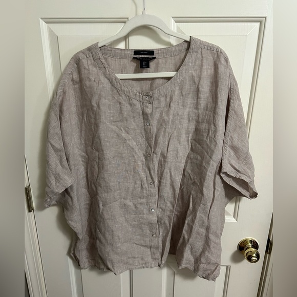 Tahari 100% Linen Boxy Lagenlook Beige Button Front Top Size Large - Picture 1 of 6
